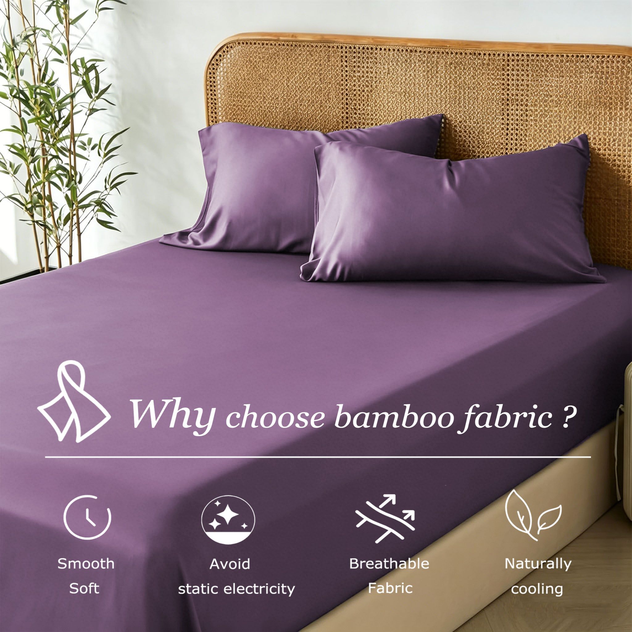 3 Piece Hotel Bamboo Cooling Fitted Sheet Set & Pillowcase -Ultra Soft 2000TC Breathable Fitted Bed Sheets Set with 37 Centimetre Deep Pocket-Cooling Sheets for Hot Sleepers(Purple,Super King) - Image 2