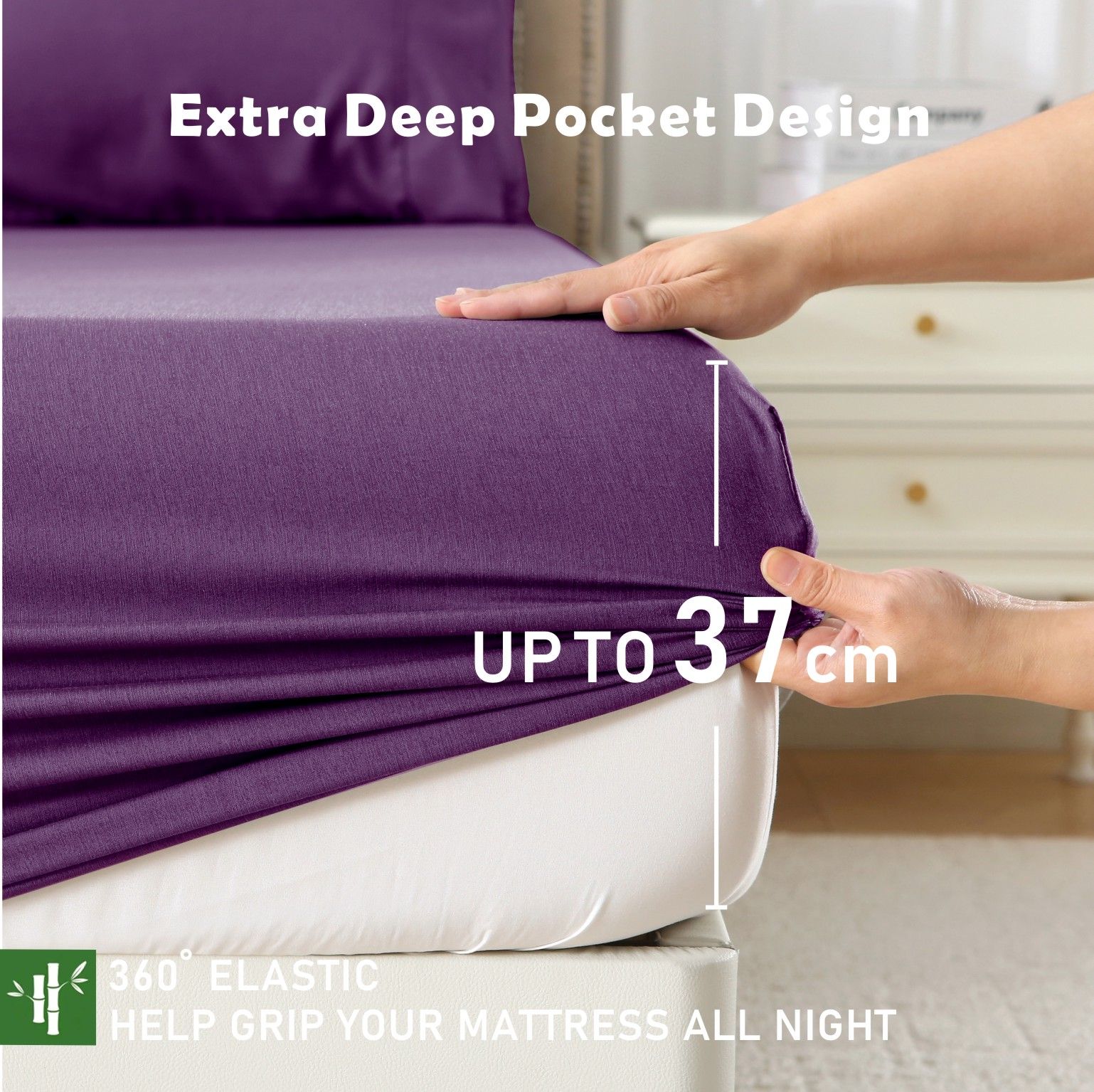 3 Piece Hotel Bamboo Cooling Fitted Sheet Set & Pillowcase -Ultra Soft 2000TC Breathable Fitted Bed Sheets Set with 37 Centimetre Deep Pocket-Cooling Sheets for Hot Sleepers(Purple,Super King) - Image 3