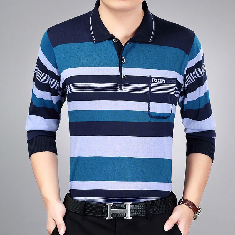 Men Pullover Collar Striped Knitwear Breathable... Dark blue - Image 1