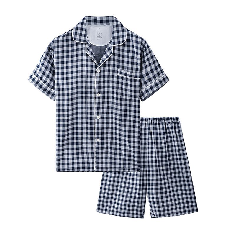 Cotton Short Sleeve Japanese Leisure Sleep Shorts Set Men's Navy-short-sleeved shorts - Image 1