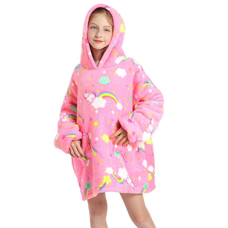 Childrens Cartoon Flannel Hooded Blanket Polyester Children's Winter Clothing Rainbow Horse All yards - Image 1