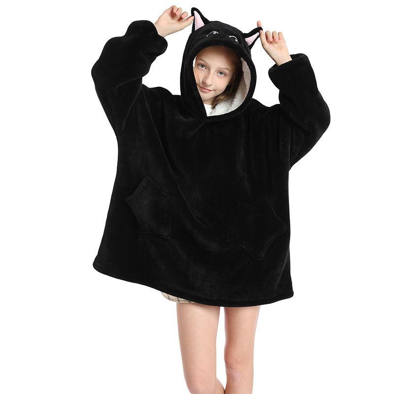 Childrens Cartoon Flannel Hooded Blanket Polyester Children's cold clothing Black Cat All yards - Image 1