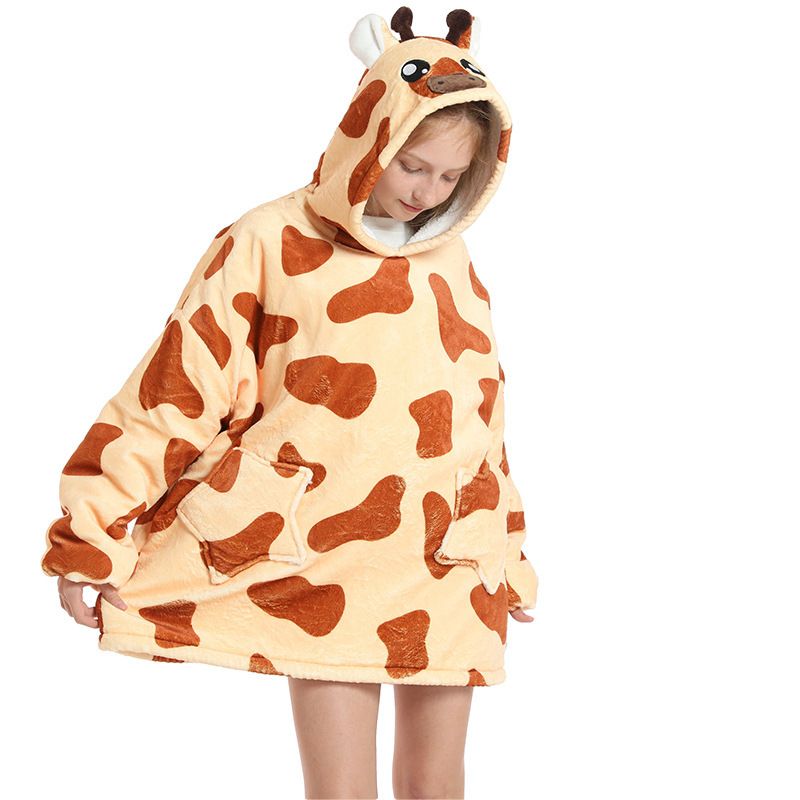 Childrens Cartoon Flannel Hooded Blanket Polyester Children's cold clothing giraffe All yards - Image 1