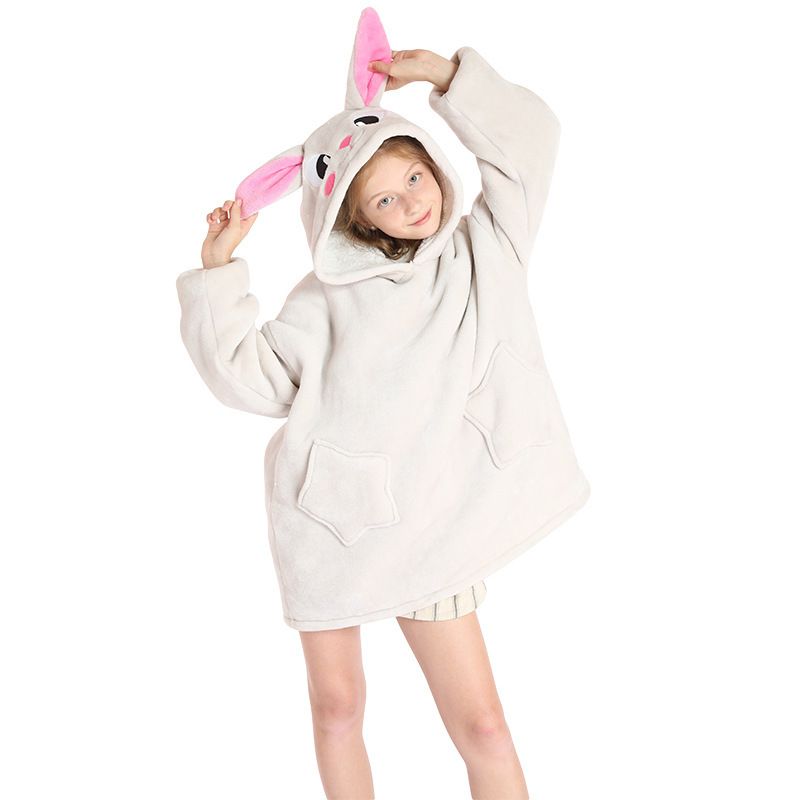 Childrens Cartoon Flannel Hooded Blanket Polyester Children's winter clothing gray rabbit All yards - Image 1