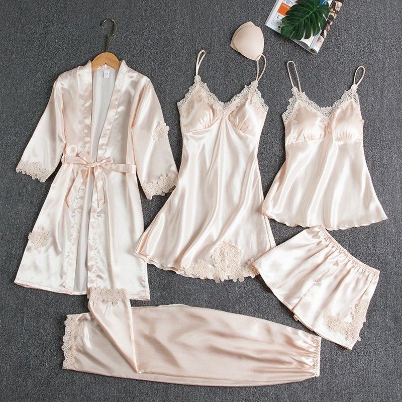 Women Five Piece Sleepwear Set Polyester V Neck Champagne M - Image 1