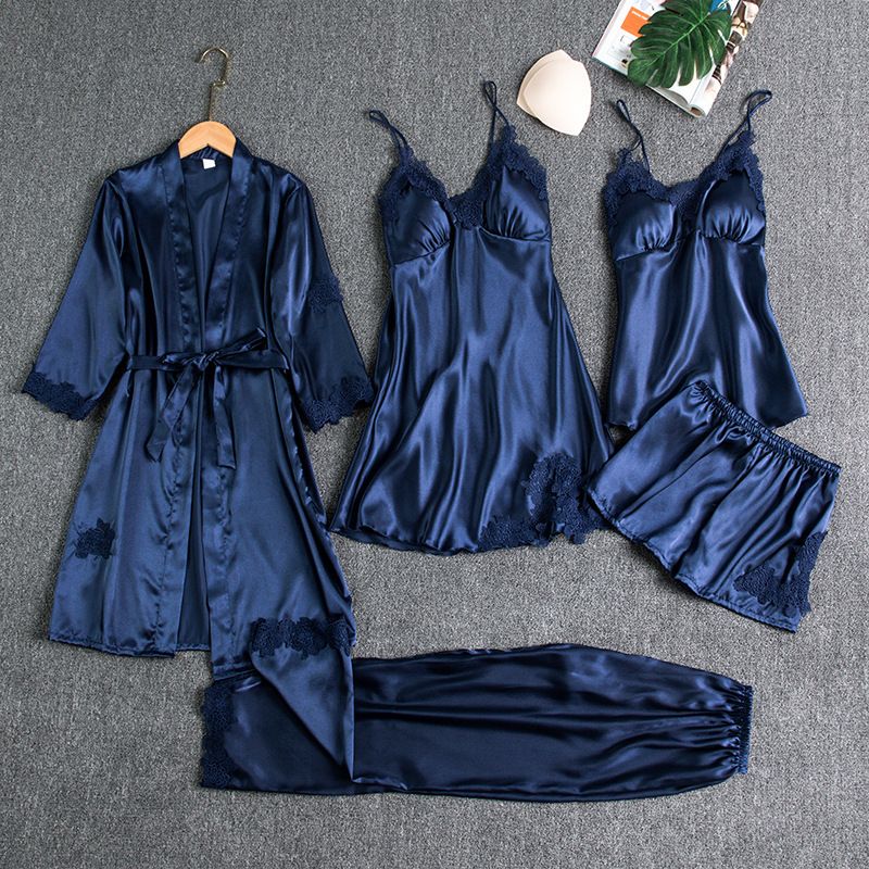 Women Five Piece Sleepwear Set Polyester V Neck Grey L - Image 3