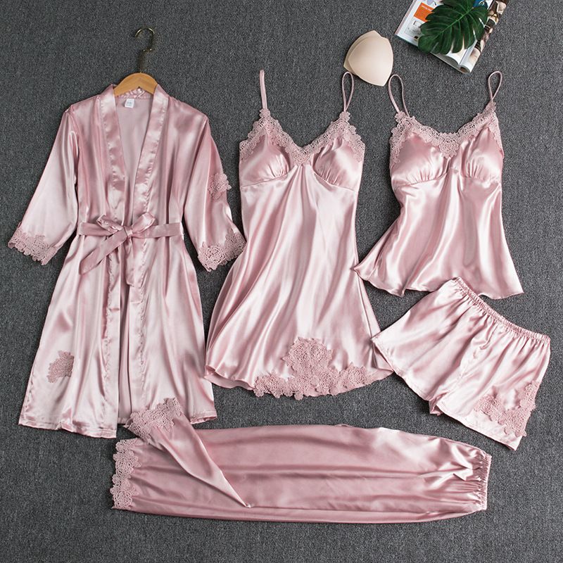 Women Five Piece Sleepwear Set Polyester V Neck Pink - Image 1