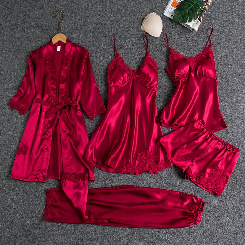 Women Five Piece Sleepwear Set Polyester V Neck Pink - Image 2