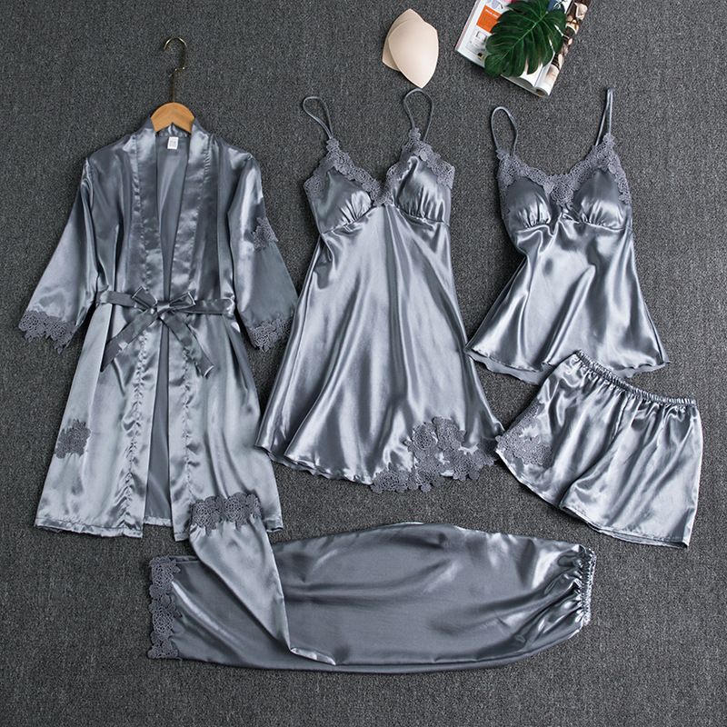 Women Five Piece Sleepwear Set Polyester V Neck Pink - Image 5