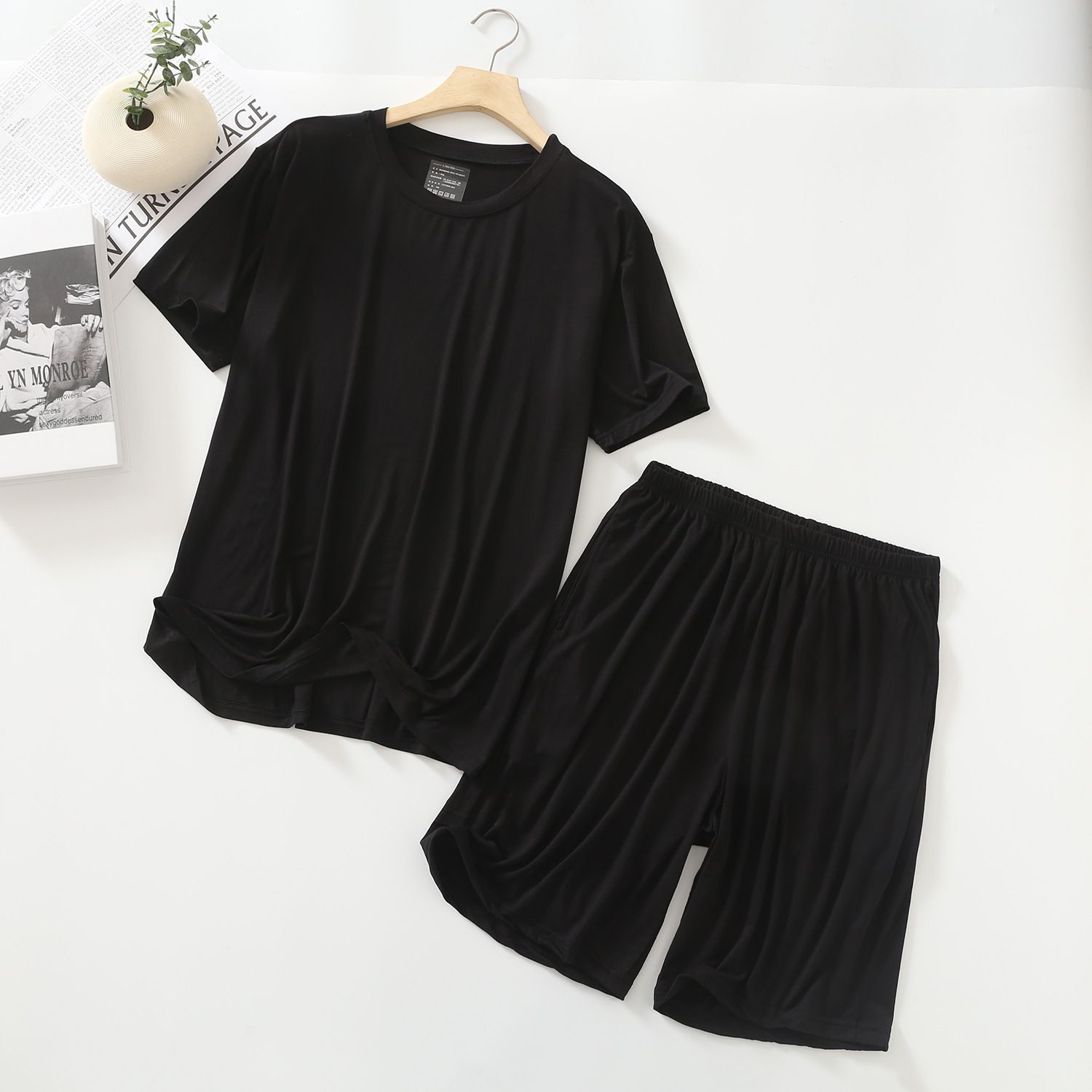 MYAHS Men Modal Sleepwear Set Short Sleeve Shorts Black L (45.00 kg-67.50 kg - Image 1