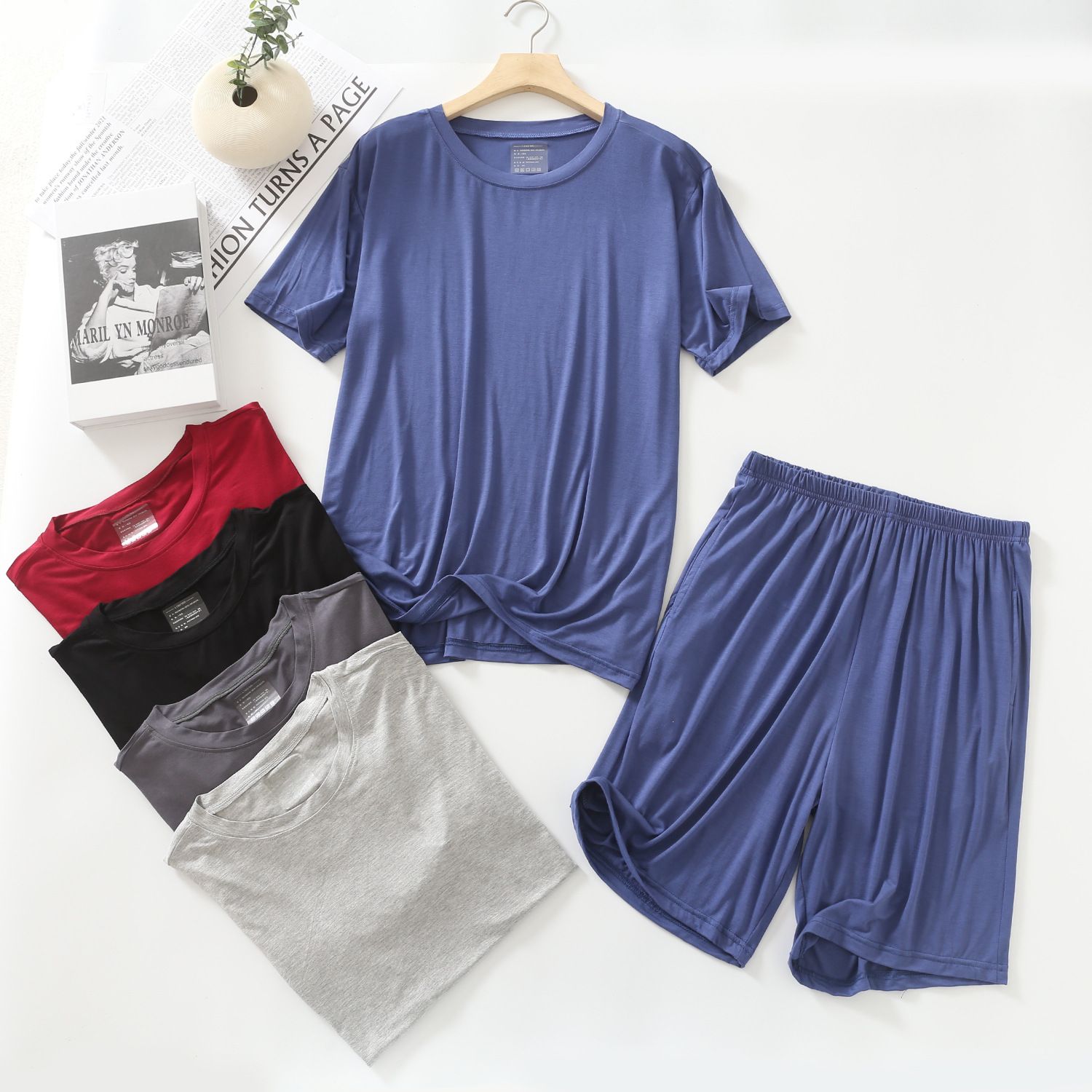 MYAHS Men Modal Sleepwear Set Short Sleeve Shorts Black L (45.00 kg-67.50 kg - Image 2
