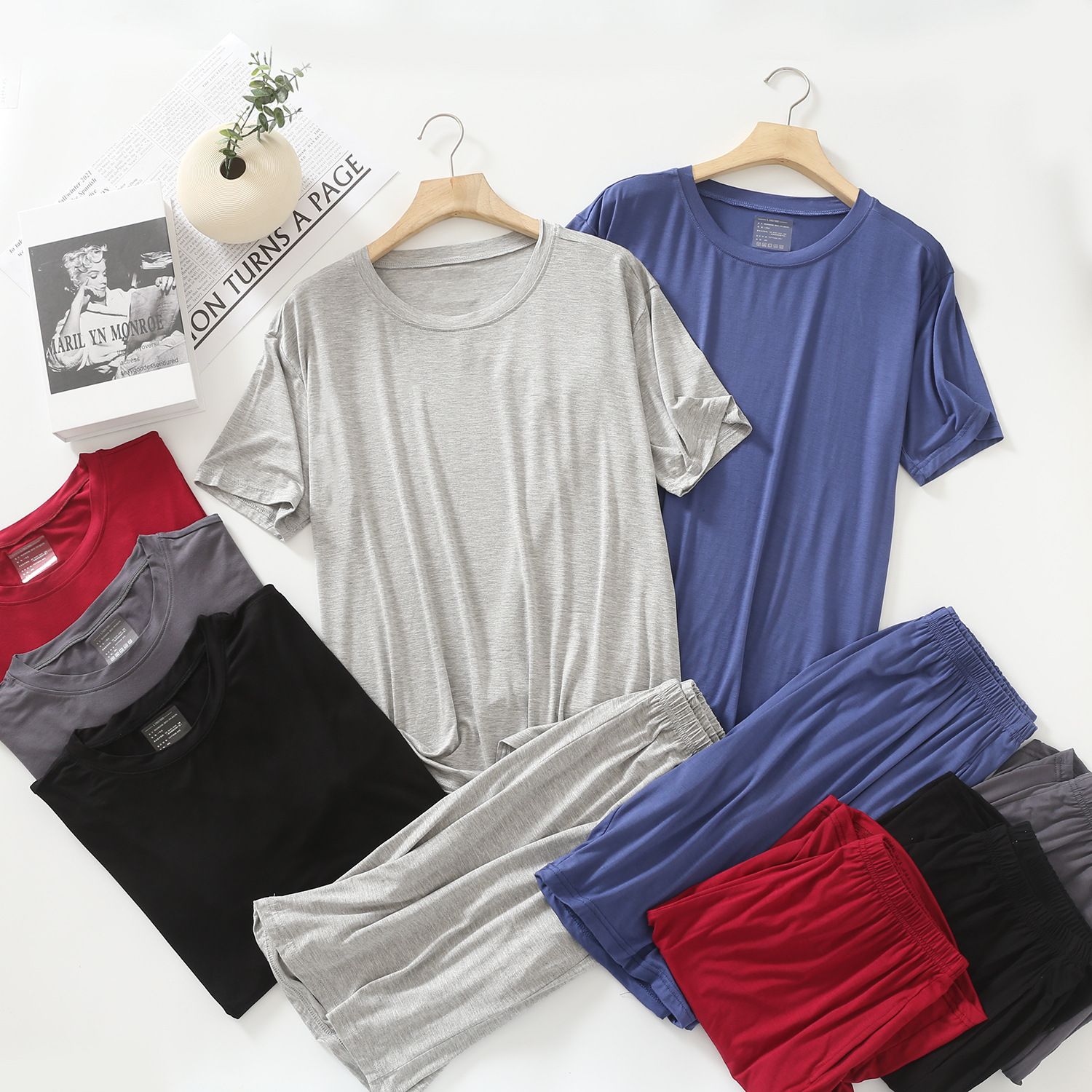 MYAHS Men Modal Sleepwear Set Short Sleeve Shorts Black L (45.00 kg-67.50 kg - Image 3