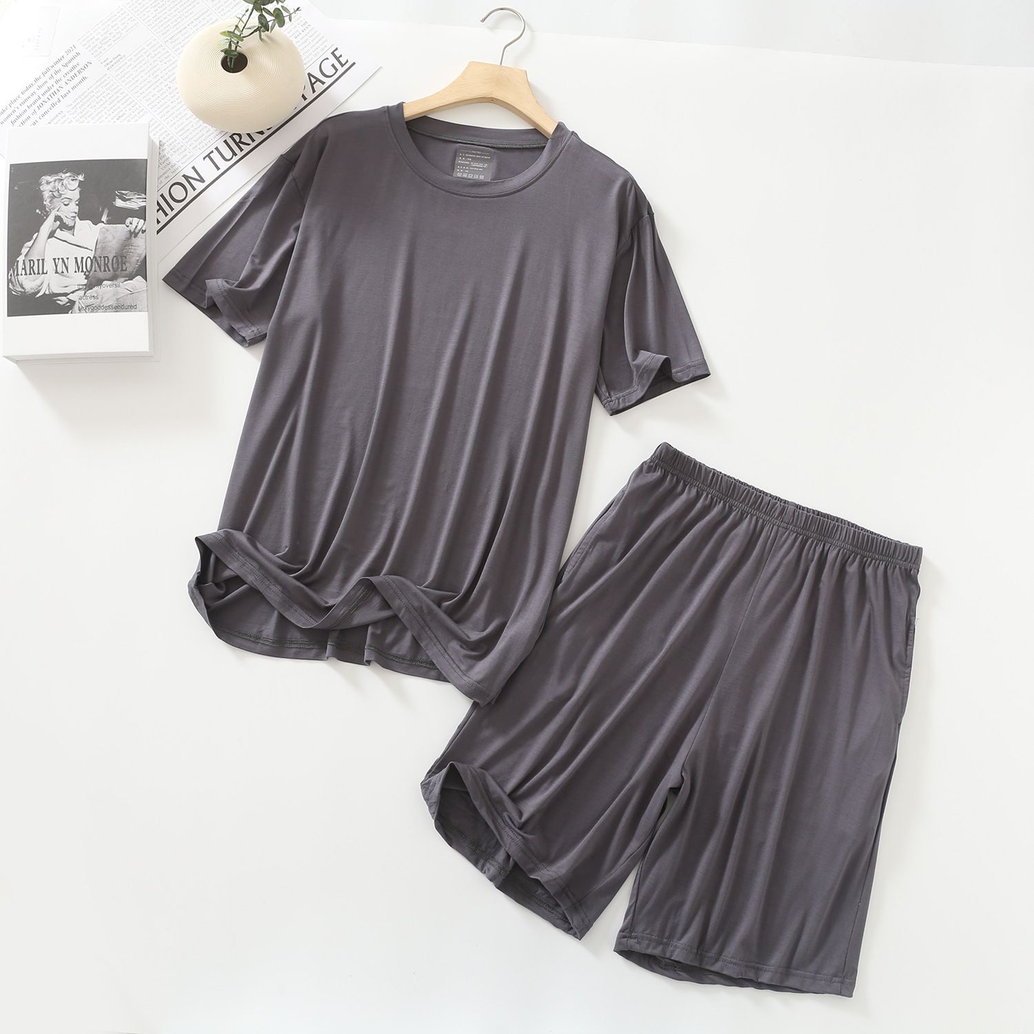 MYAHS Men Modal Sleepwear Set Short Sleeve Shorts Iron Gray XL (67.50 kg-82.50 kg - Image 1