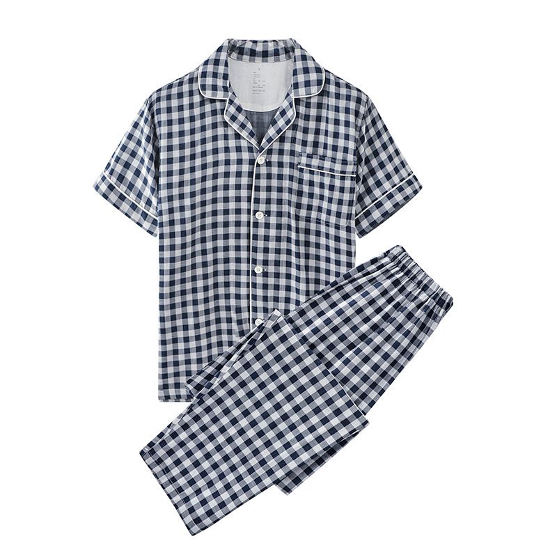 Cotton Short Sleeve Japanese Leisure Sleep Shorts Set Men's Navy Blue Pants-Short Sleeve Pants - Image 1