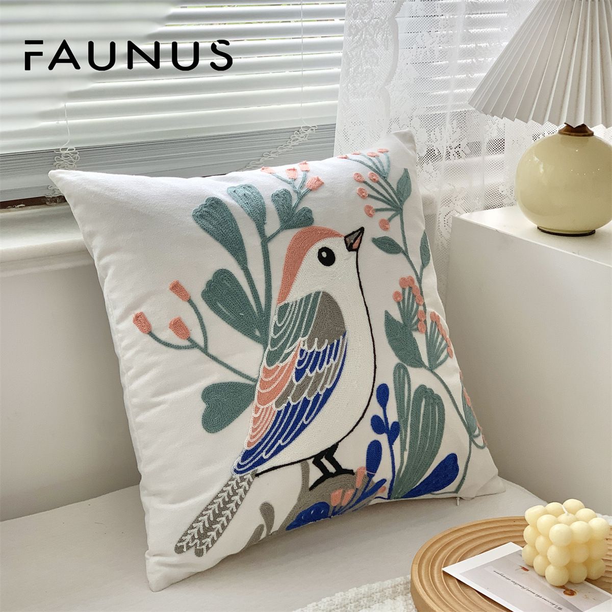 Faunus Cushion 45x45cm Cotton Linen Embroidery warbler bird 45*45 (excluding core) - Image 1