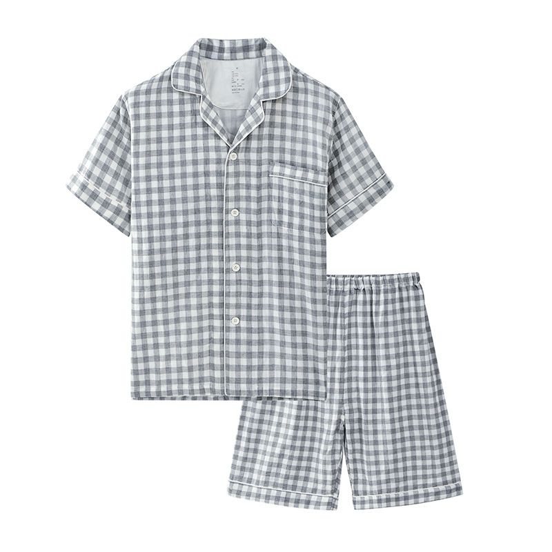 Cotton Short Sleeve Japanese Leisure Sleep Shorts Set Men's Charcoal Gray-Short Sleeve Shorts XL - Image 1