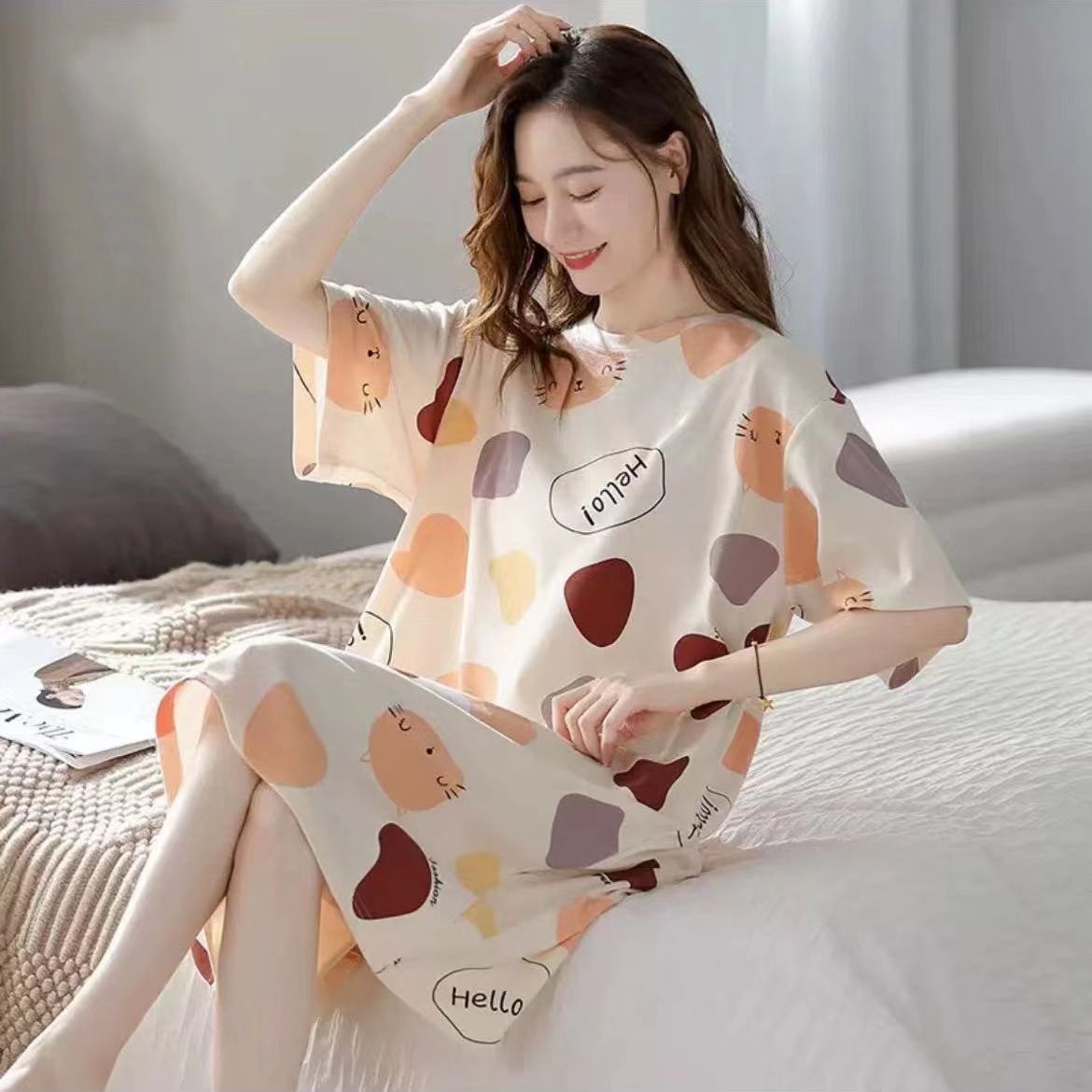 Women Summer Sleepwear Polyester Loose Dress Yellow XL - Image 1