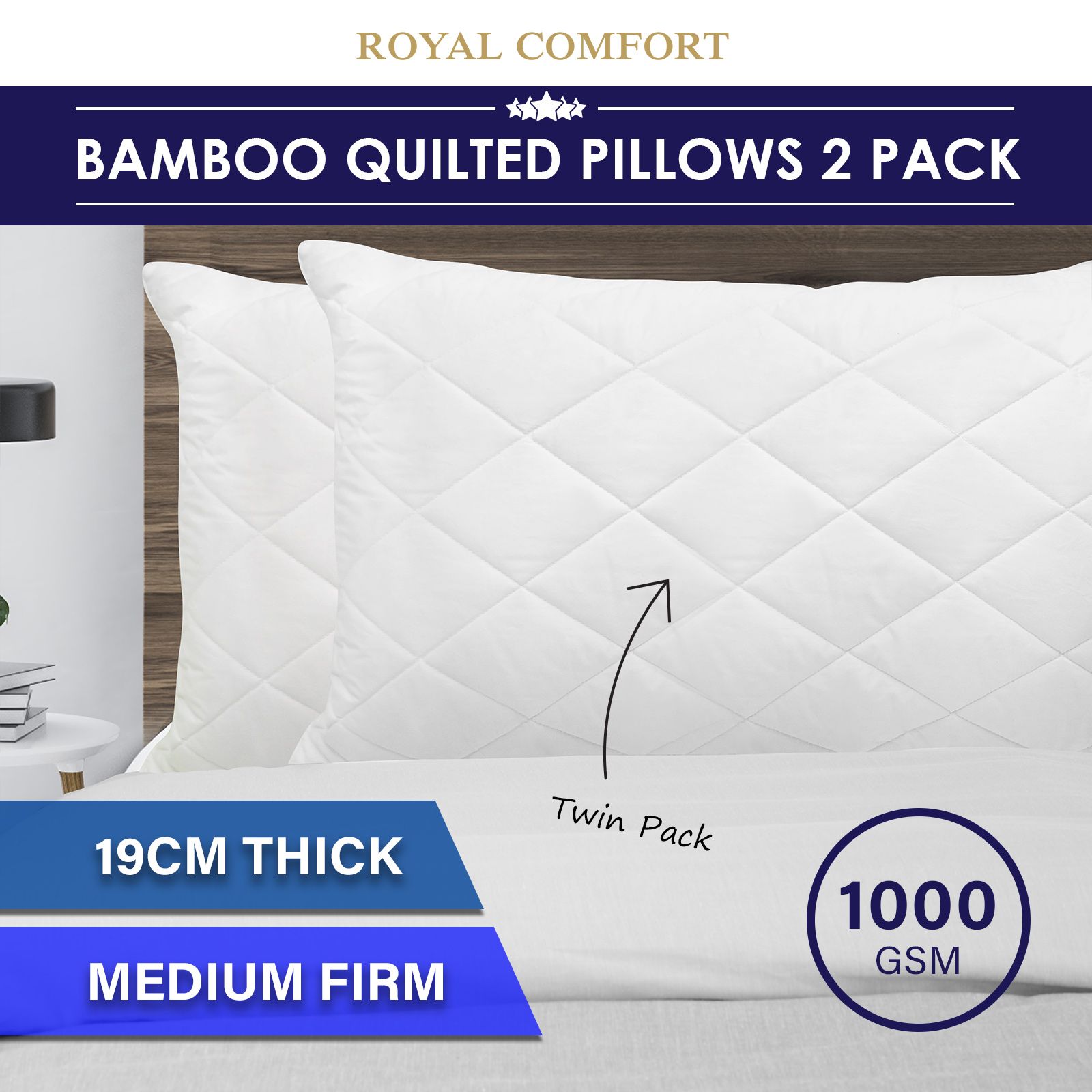 Royal Comfort Luxury Bamboo Blend Quilted Pillow Twin Pack Extra Fill Support - Image 2