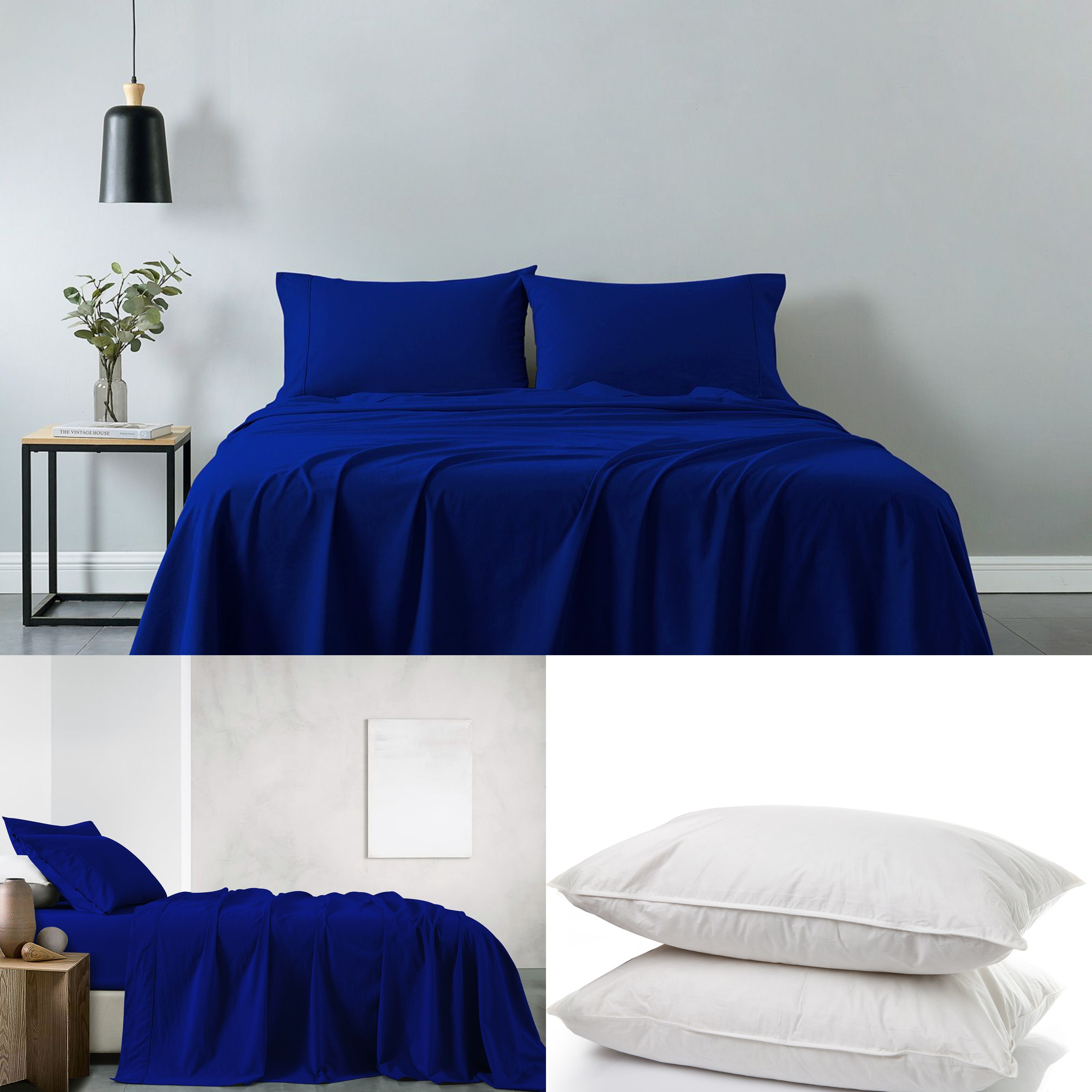 Royal Comfort 100% Cotton Vintage Sheet Set And 2 Duck Feather Down Pillows Set - Single - Royal Blue - Image 1