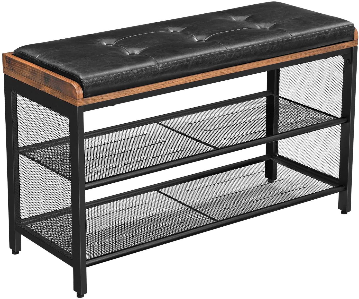 Shoe Bench with Mesh Shelf and Faux Leather Vintage Brown Black 80 x 30 x 48 cm - Image 1