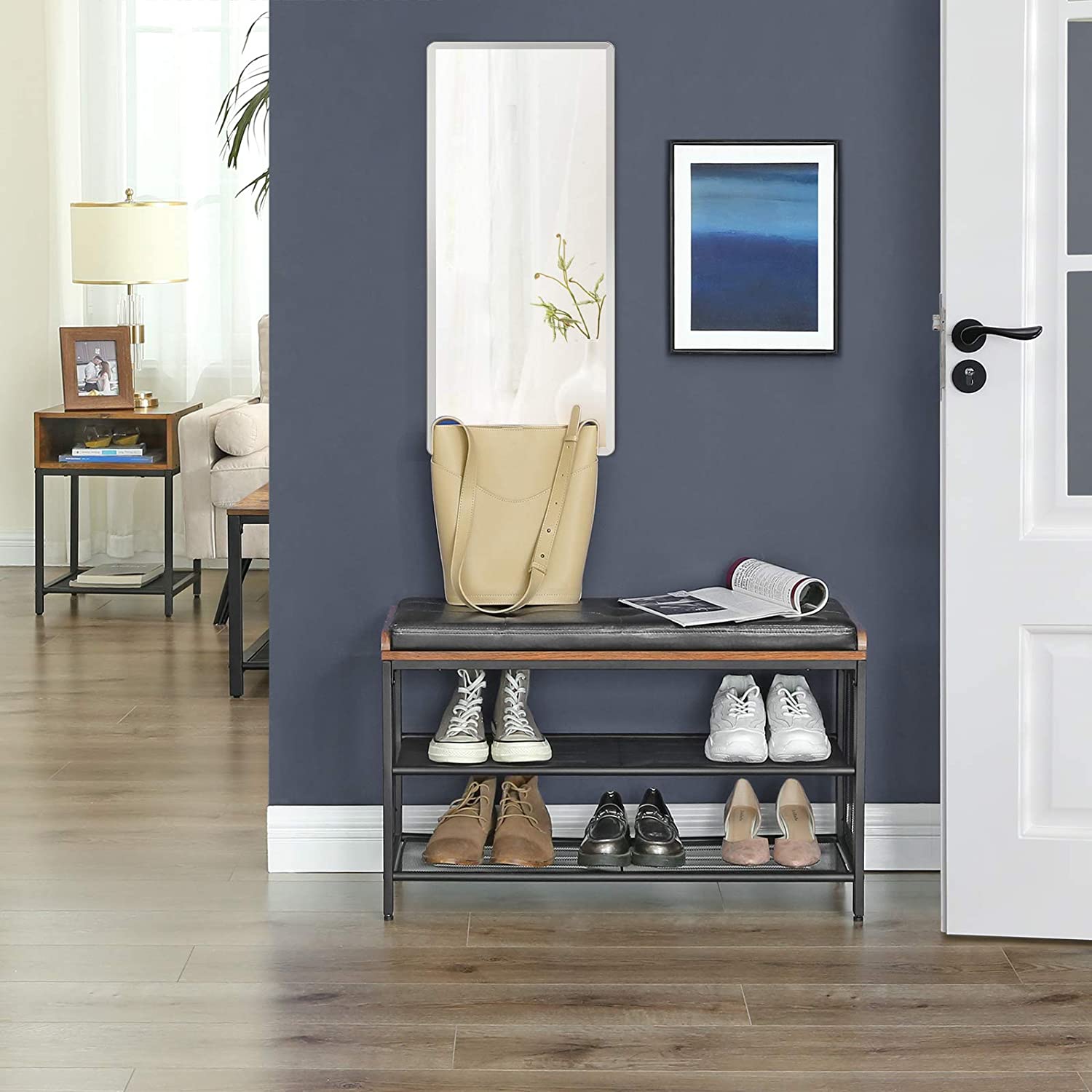 Shoe Bench with Mesh Shelf and Faux Leather Vintage Brown Black 80 x 30 x 48 cm - Image 3