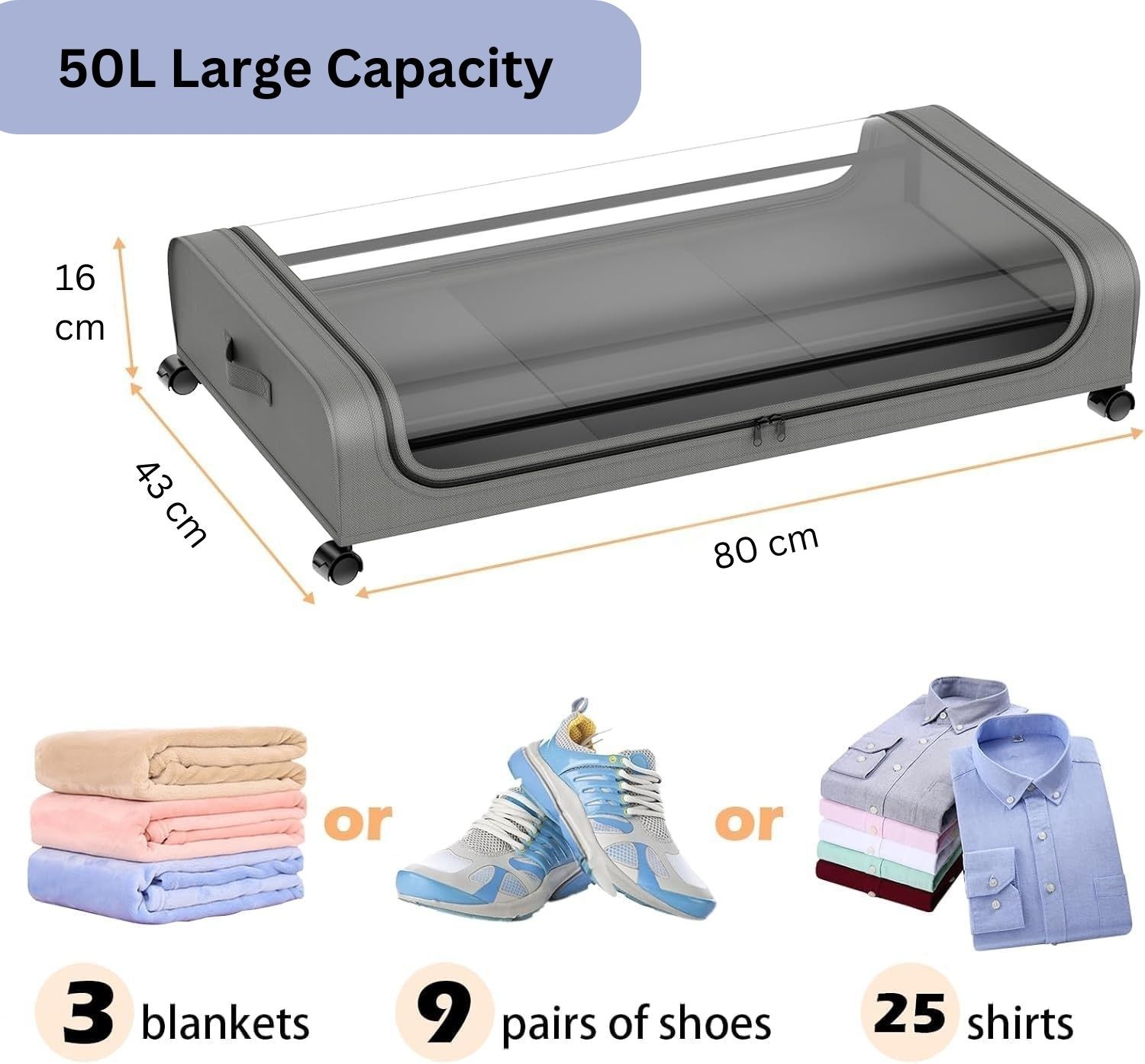 CARLA HOME XXL Under Bed Rolling Storage Containers with 50L Large Capacity and Wheels - Image 8
