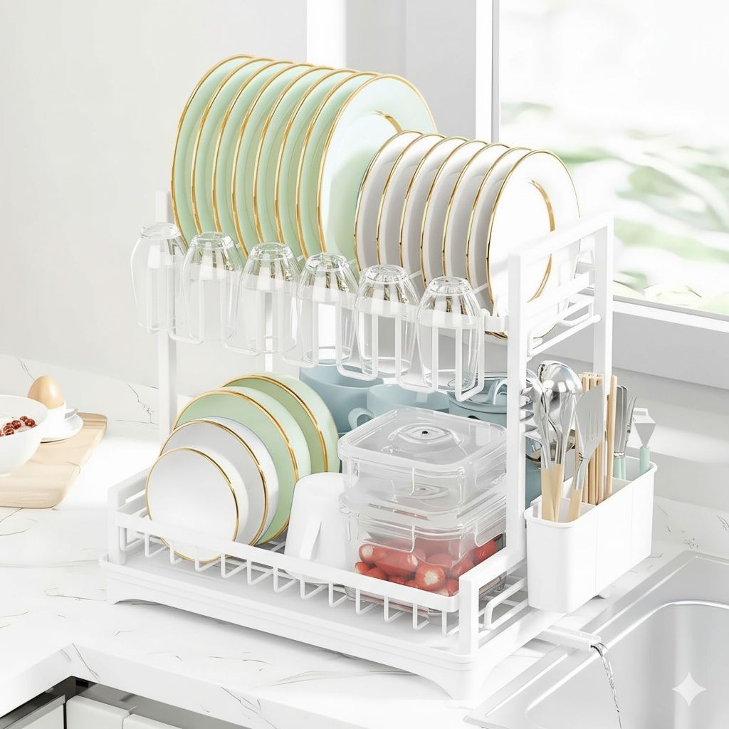 CARLA HOME Dish Drying Rack 2-Tier Kitchen Drainer with Drainboard (White) - Image 1