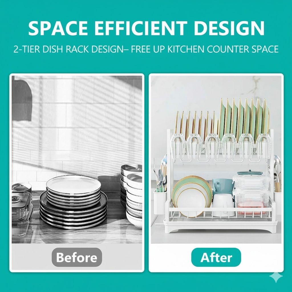 CARLA HOME Dish Drying Rack 2-Tier Kitchen Drainer with Drainboard (White) - Image 7