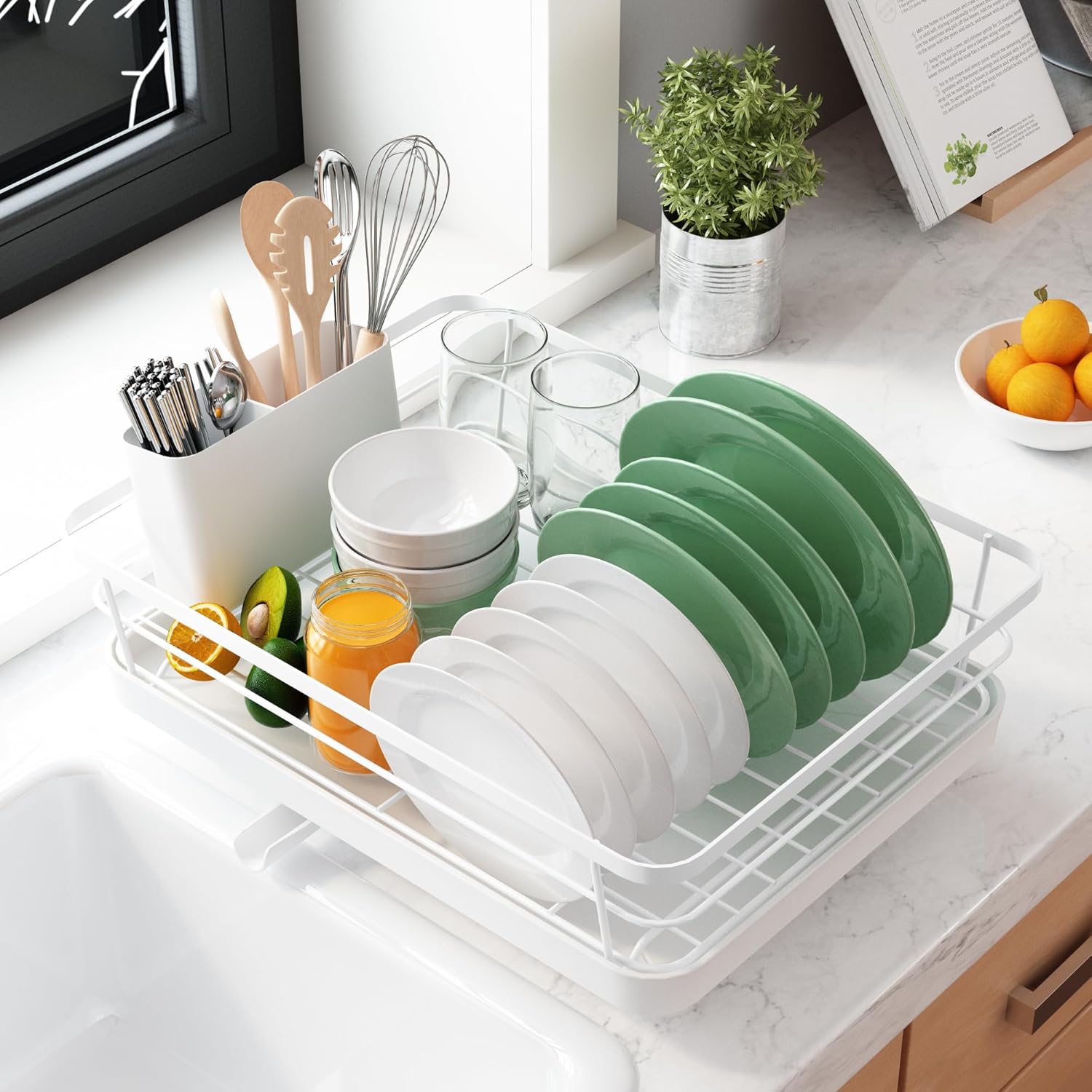 CARLA HOME Dish Drying Rack for Kitchen Counter with Removable Drip Tray, Utensil Holder and Cutlery Organizer - Image 1