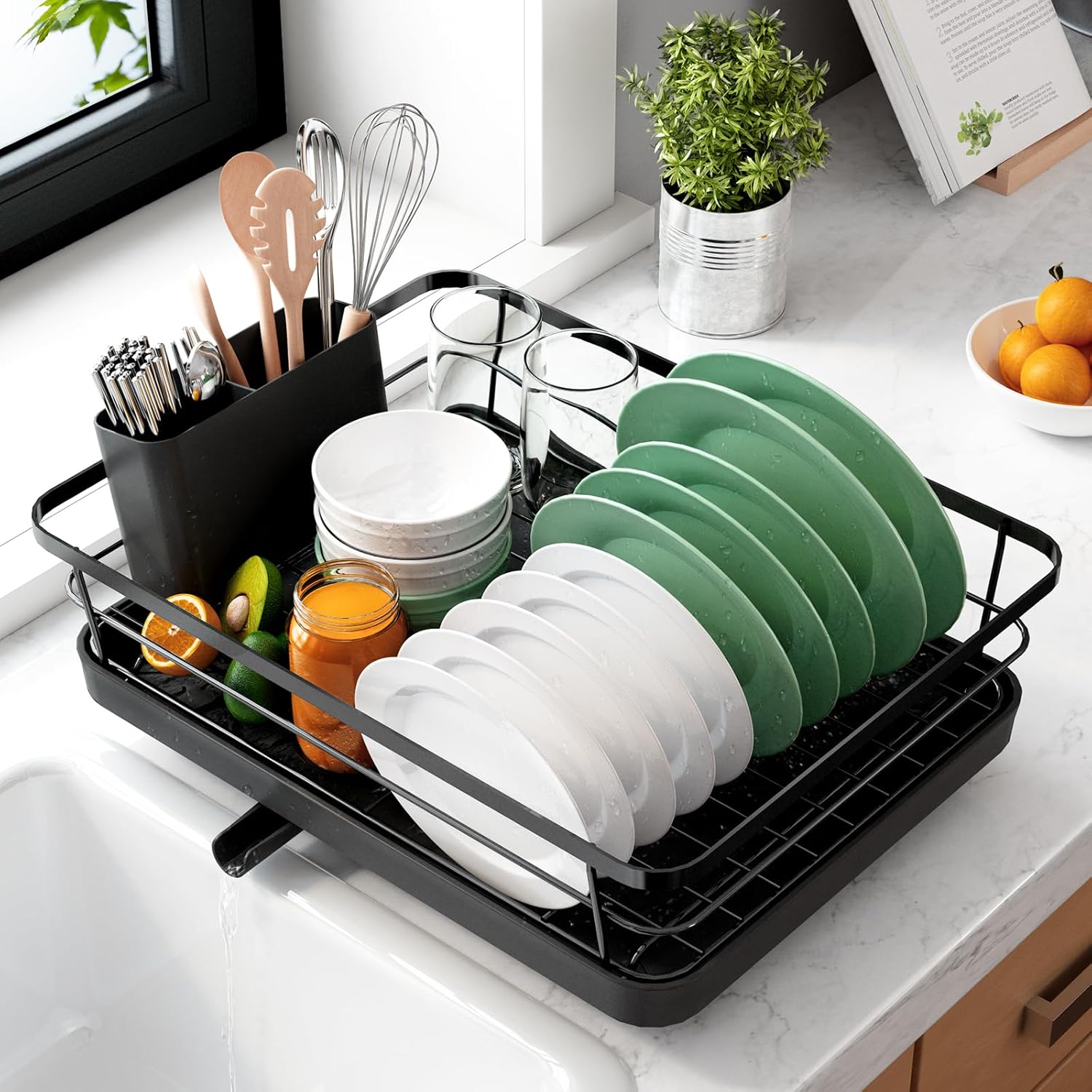 CARLA HOME Dish Drying Rack for Kitchen Counter with Removable Drip Tray, Utensil Holder and Cutlery Organizer - Image 1