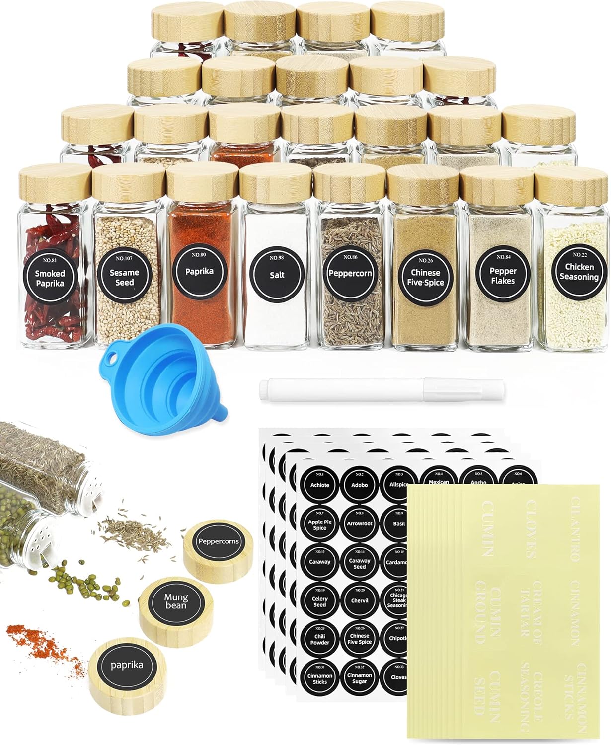 CARLA HOME 24 Glass Spice Jars with Bamboo Lids, Shaker Tops, 180 Spice Labels, White Pen & Funnel for Kitchen Organization, Spice Rack, Seasoning & Herb Storage - Image 1