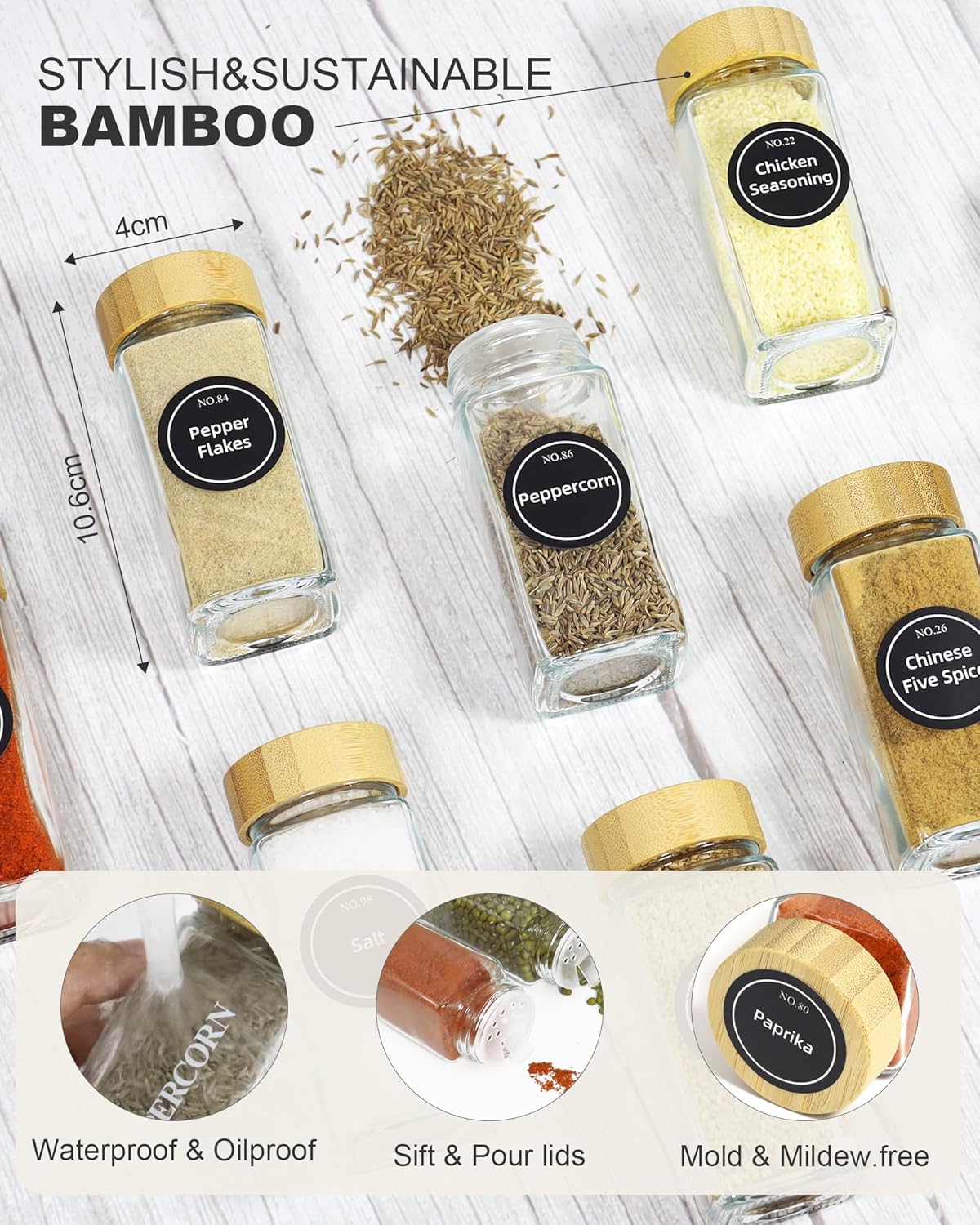 CARLA HOME 24 Glass Spice Jars with Bamboo Lids, Shaker Tops, 180 Spice Labels, White Pen & Funnel for Kitchen Organization, Spice Rack, Seasoning & Herb Storage - Image 5