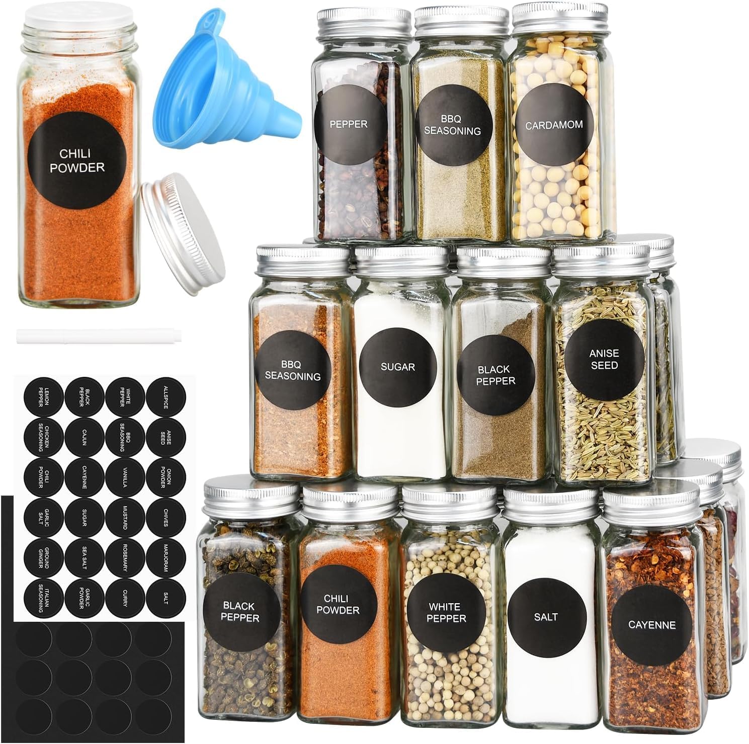 CARLA HOME 24 Glass Spice Jars with Lids, Shaker Tops, 180 Spice Labels, White Pen & Funnel for Kitchen Organization, Spice Rack, Seasoning & Herb Storage - Image 1