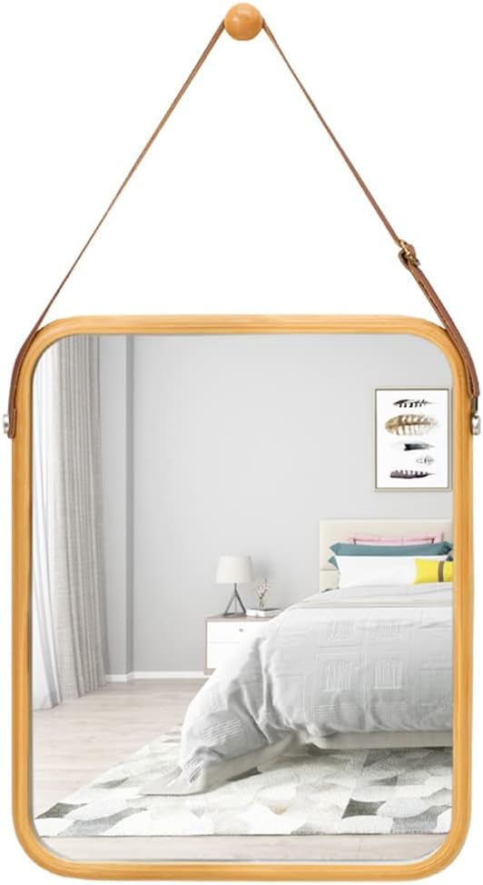 CARLA HOME Hanging Wall Mirror with Bamboo Frame with Adjustable Leather Strap for Bathroom, Bedroom, Vanity or Entryway (40x33 cm) - Image 1