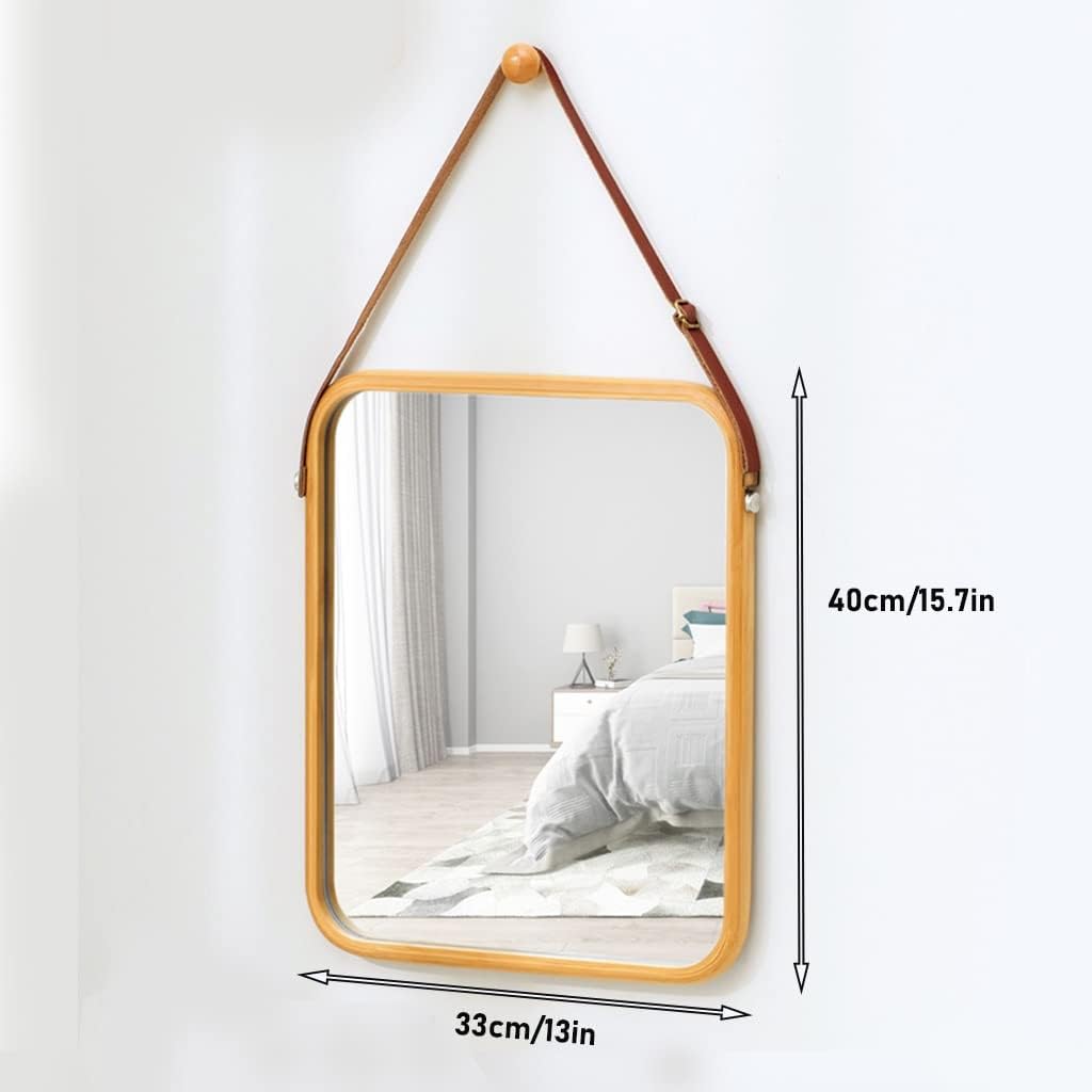CARLA HOME Hanging Wall Mirror with Bamboo Frame with Adjustable Leather Strap for Bathroom, Bedroom, Vanity or Entryway (40x33 cm) - Image 6