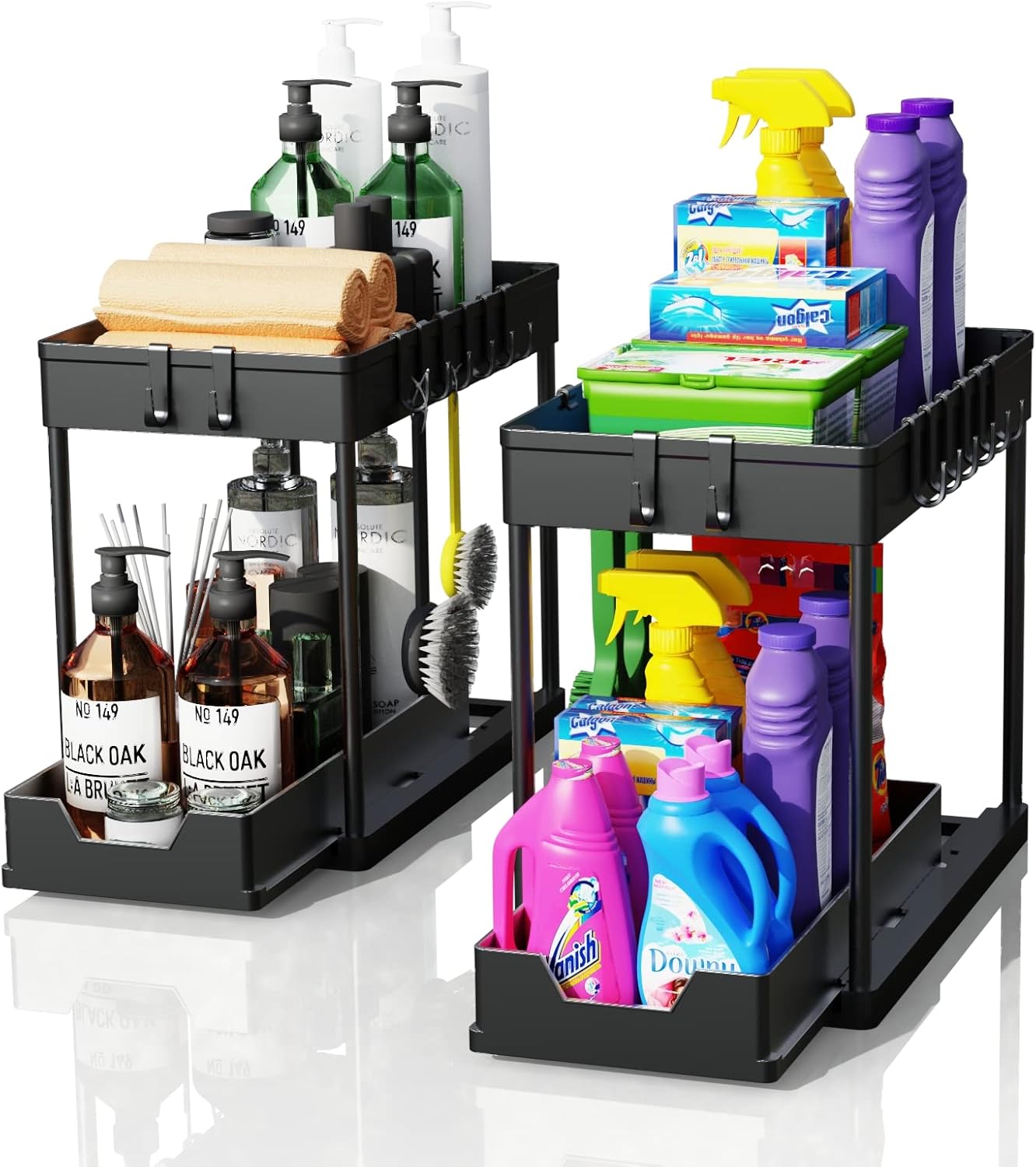 CARLA HOME 2 Pack Under Sink Organizer with Pull-Out Basket and Hooks for Bathroom & Kitchen - Image 1