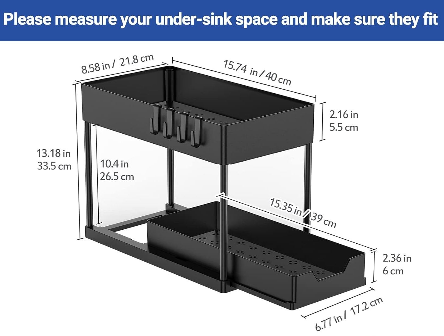 CARLA HOME 2 Pack Under Sink Organizer with Pull-Out Basket and Hooks for Bathroom & Kitchen - Image 8