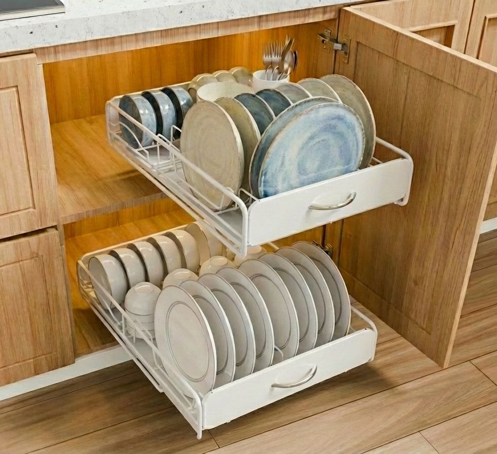 CARLA HOME 2 Pack Pull Out Dish Rack for Kitchen Cabinet with Slide Out Drawer Organizer for Plates, Bowls & Utensils - Image 1