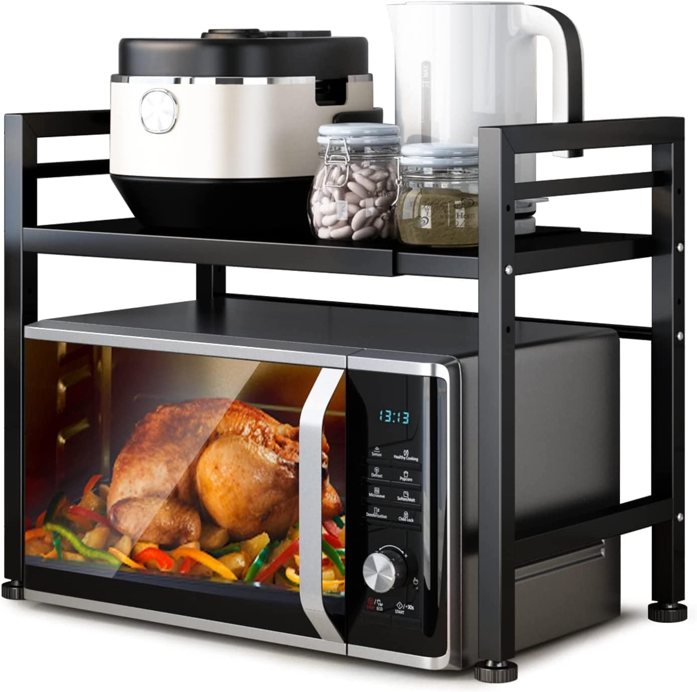CARLA HOME 2-Tier Microwave Oven Rack with Adjustable Metal Kitchen Shelf Stand for Countertop Storage and 6 Hooks for Utensils (Black) - Image 1