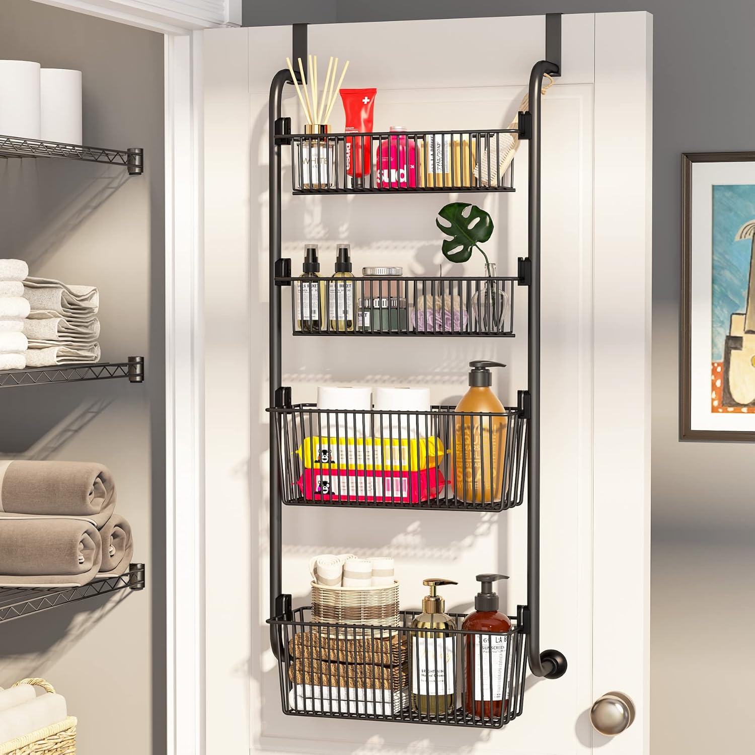 CARLA HOME 4-Tier Over the Door Organizer Heavy-Duty Metal Pantry Rack with Hanging Baskets for Home Kitchen Storage & Bathroom Door Organization - Image 1