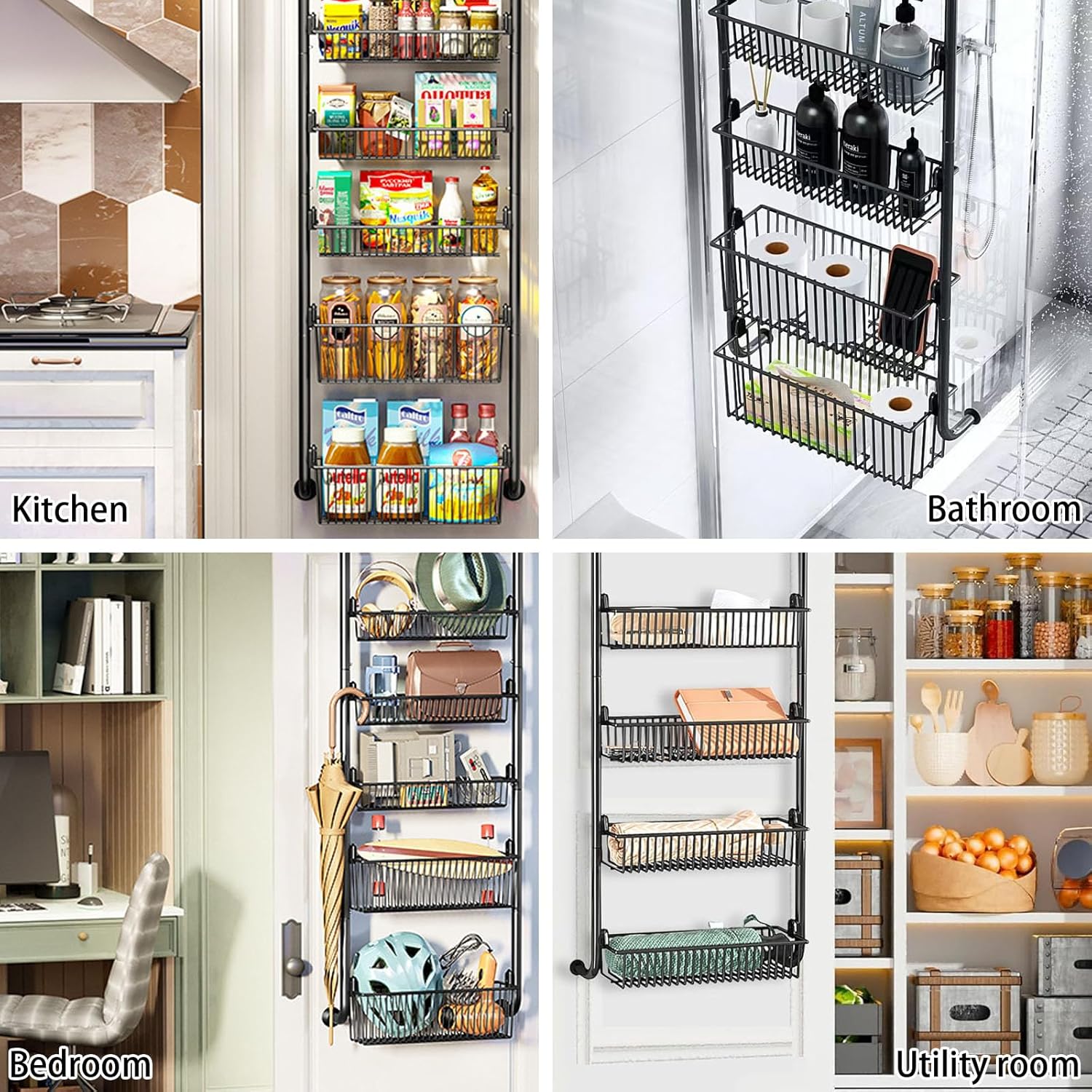 CARLA HOME 4-Tier Over the Door Organizer Heavy-Duty Metal Pantry Rack with Hanging Baskets for Home Kitchen Storage & Bathroom Door Organization - Image 7