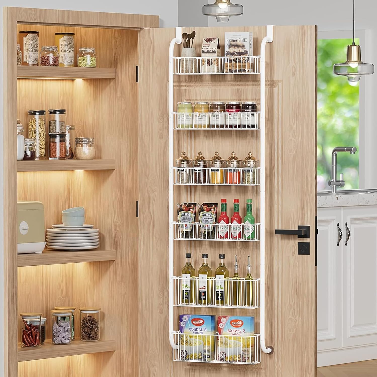 CARLA HOME 6-Tier Over the Door Organizer Heavy-Duty Metal Pantry Rack with Hanging Baskets for Home Kitchen Storage & Bathroom Door Organization (White) - Image 1