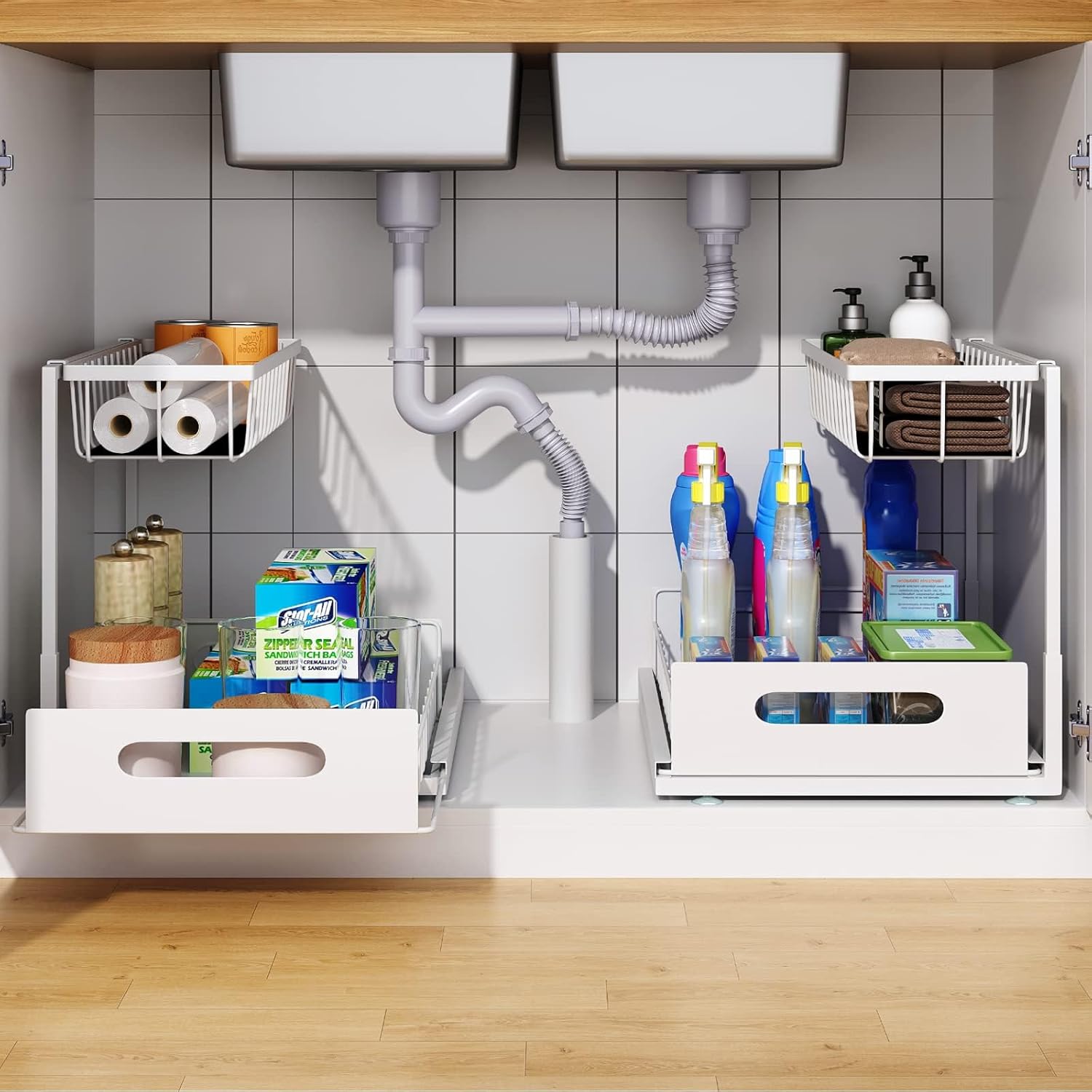 CARLA HOME 2 pack Under Sink Organiser with Sliding Drawers & 2 tier for Kitchen & Bathroom - Image 1