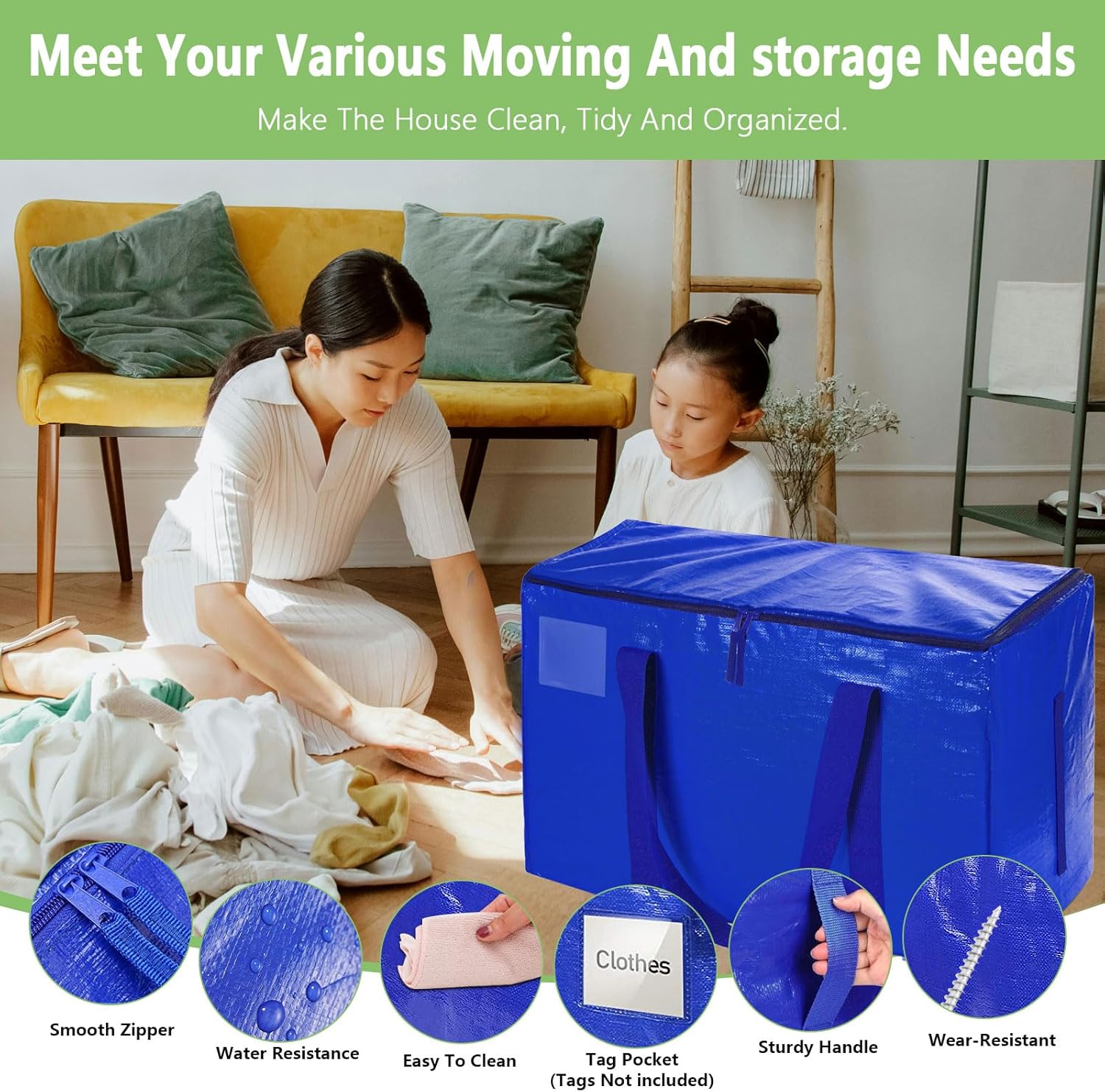 CARLA HOME 12-Pack Large Moving Storage Bags with Zippers & Handles with 95 Liters Capacity for Space Saving, Travel, Camping & Organization (Blue) - Image 5