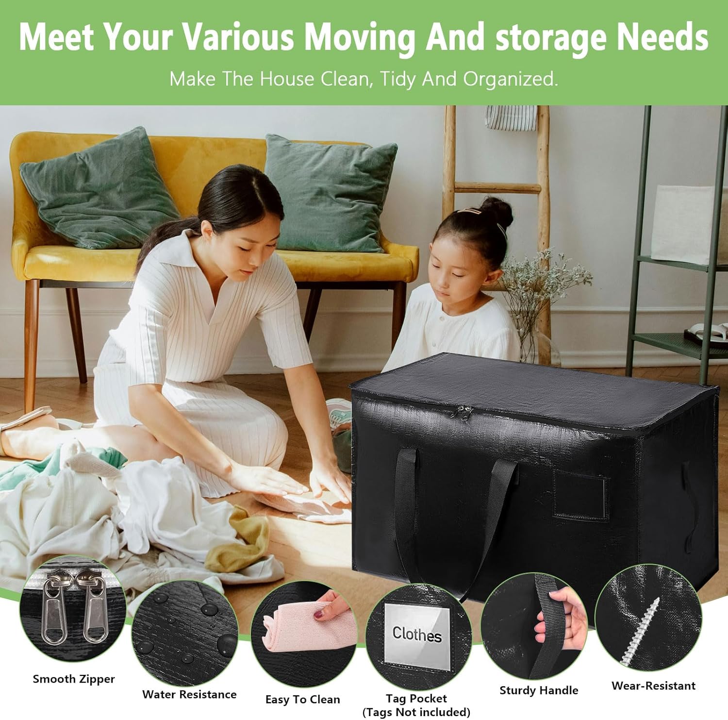 CARLA HOME 12-Pack Large Moving Storage Bags with Zippers & Handles with 95 Liters Capacity for Space Saving, Travel, Camping & Organization (Black) - Image 5
