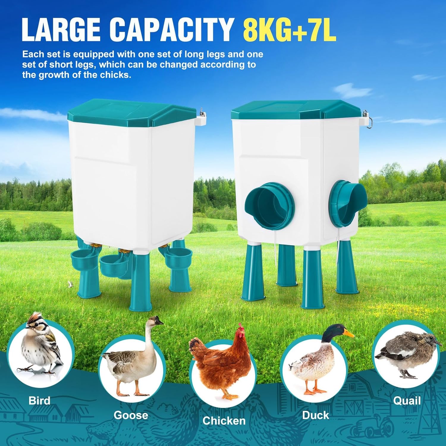 CARLA HOME Automatic Chicken Feeder Waterer Set with 8KG Food 7L Water Capacity for Coop, Chickens, Ducks, Quails (Blue) - Image 4