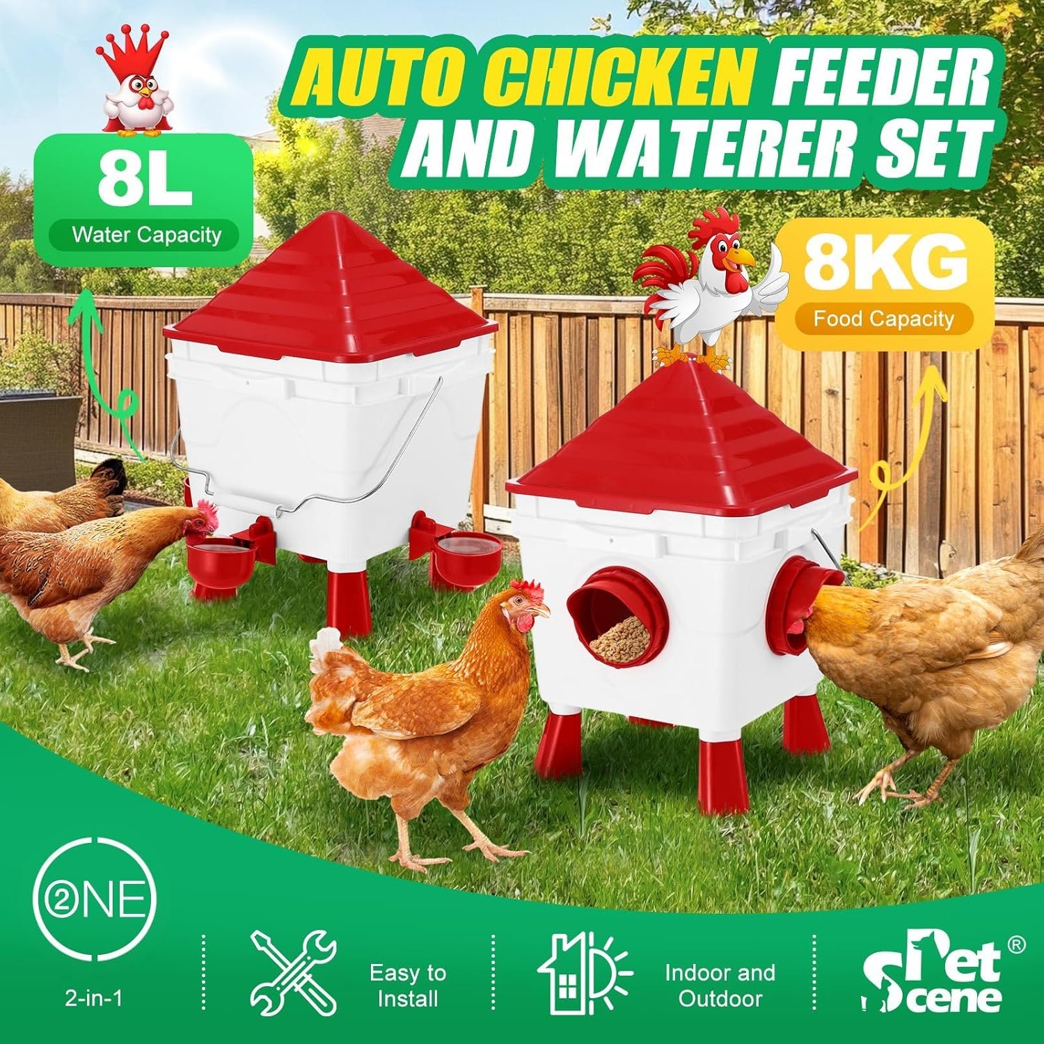 CARLA HOME Chicken Feeder Waterer Set, Automatic Gravity Dispenser with 8KG Food & 8L Water Capacity, 4 Ports & Cups, Clean Poultry Feeding for Coop, Duck, Quail, Hen - Image 2