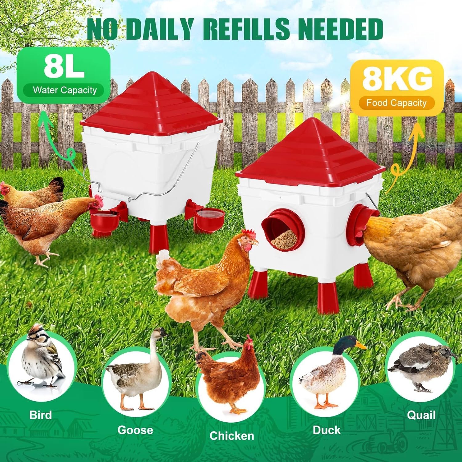 CARLA HOME Chicken Feeder Waterer Set, Automatic Gravity Dispenser with 8KG Food & 8L Water Capacity, 4 Ports & Cups, Clean Poultry Feeding for Coop, Duck, Quail, Hen - Image 4