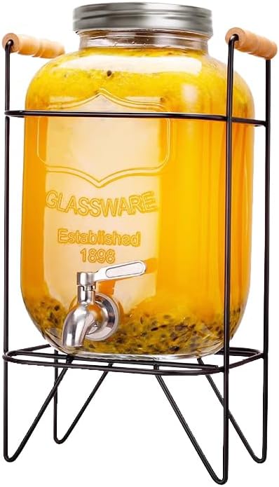 CARLA HOME 5L Glass Drink Dispenser with Metal Stand, Wide Mouth Beverage Jar & Stainless Steel Tap for Lemonade, Iced Tea, Water & Fruit-Infused Drinks - Image 1