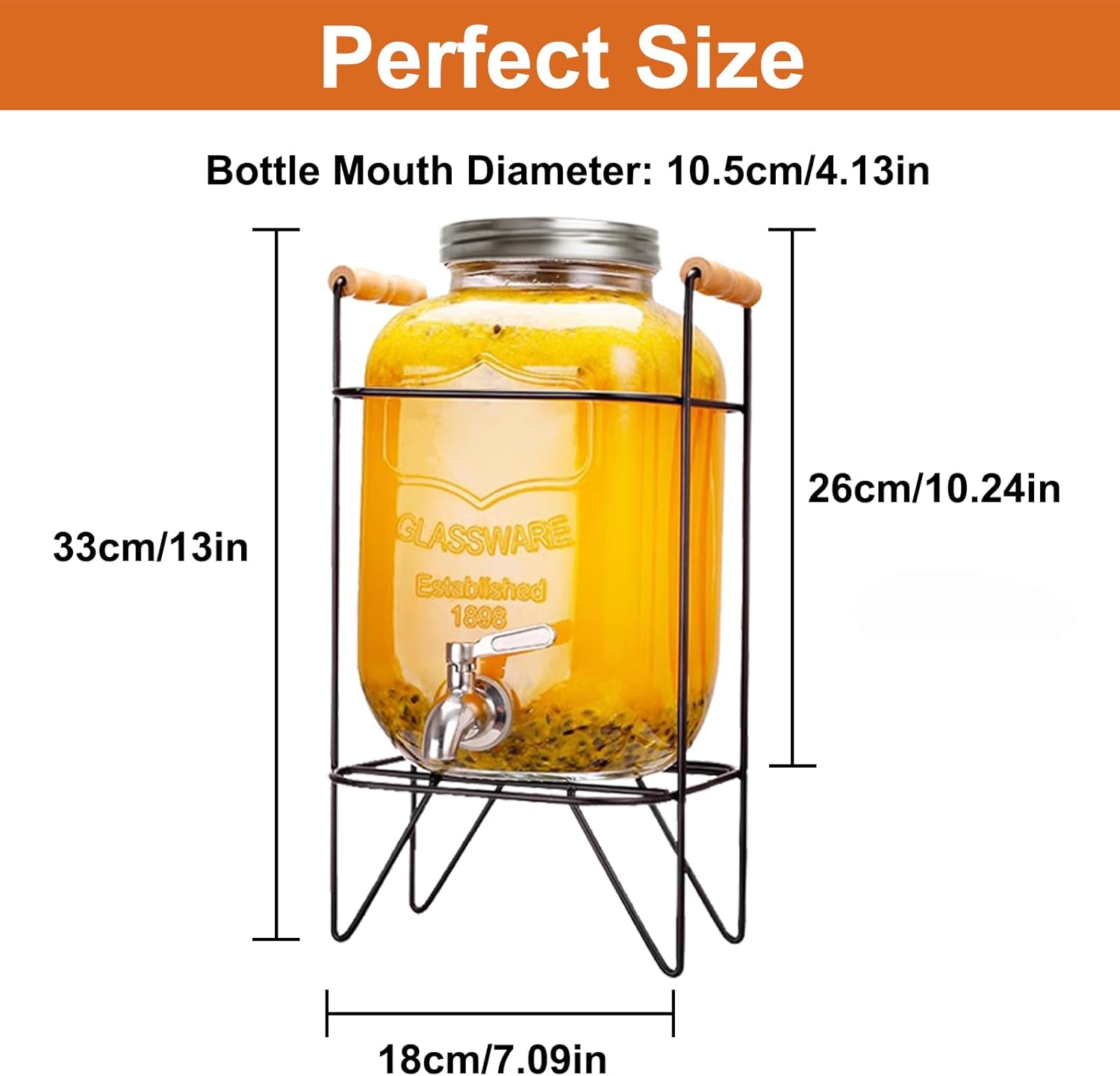 CARLA HOME 5L Glass Drink Dispenser with Metal Stand, Wide Mouth Beverage Jar & Stainless Steel Tap for Lemonade, Iced Tea, Water & Fruit-Infused Drinks - Image 3